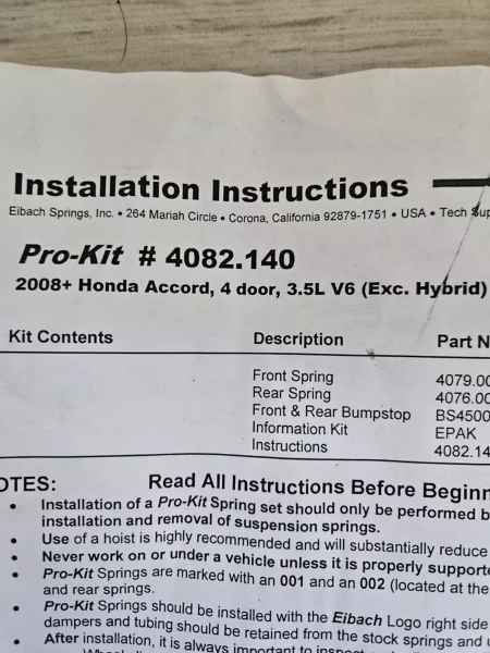 Eibach Pro Kit Springs 4082.140 Fits Honda Accord 2008 - 2012 V6 3.5L Gas 4 Door