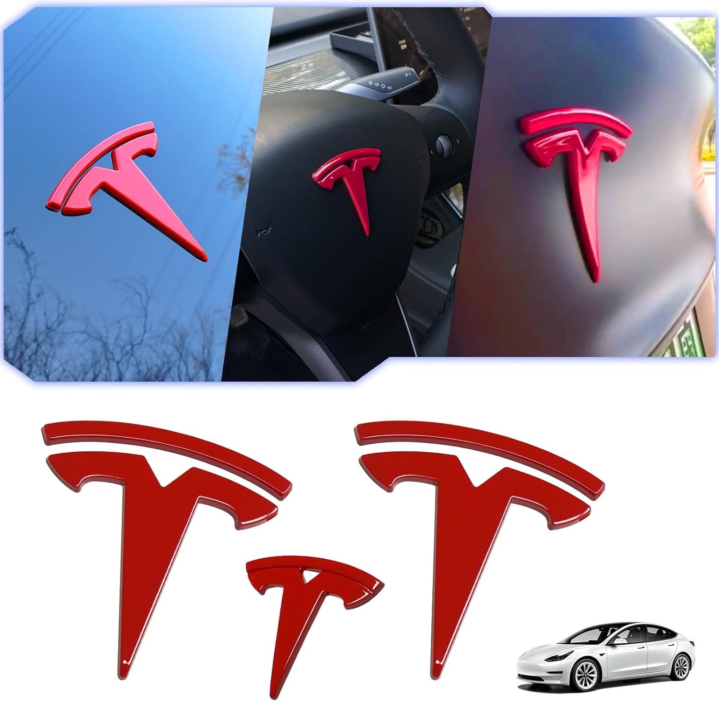 Model 3 Red Front Trunk/Rear Trunk Logo Sticker Cover Emblem Badge Decals 3PCSet